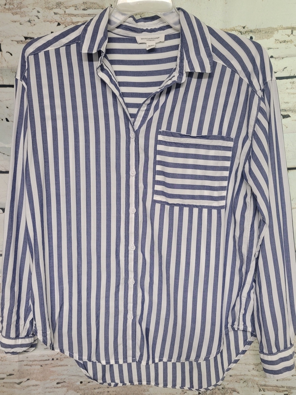 BeachLunchLounge Blue White Striped Button Front Shirt XS Cotton Modal Coastal